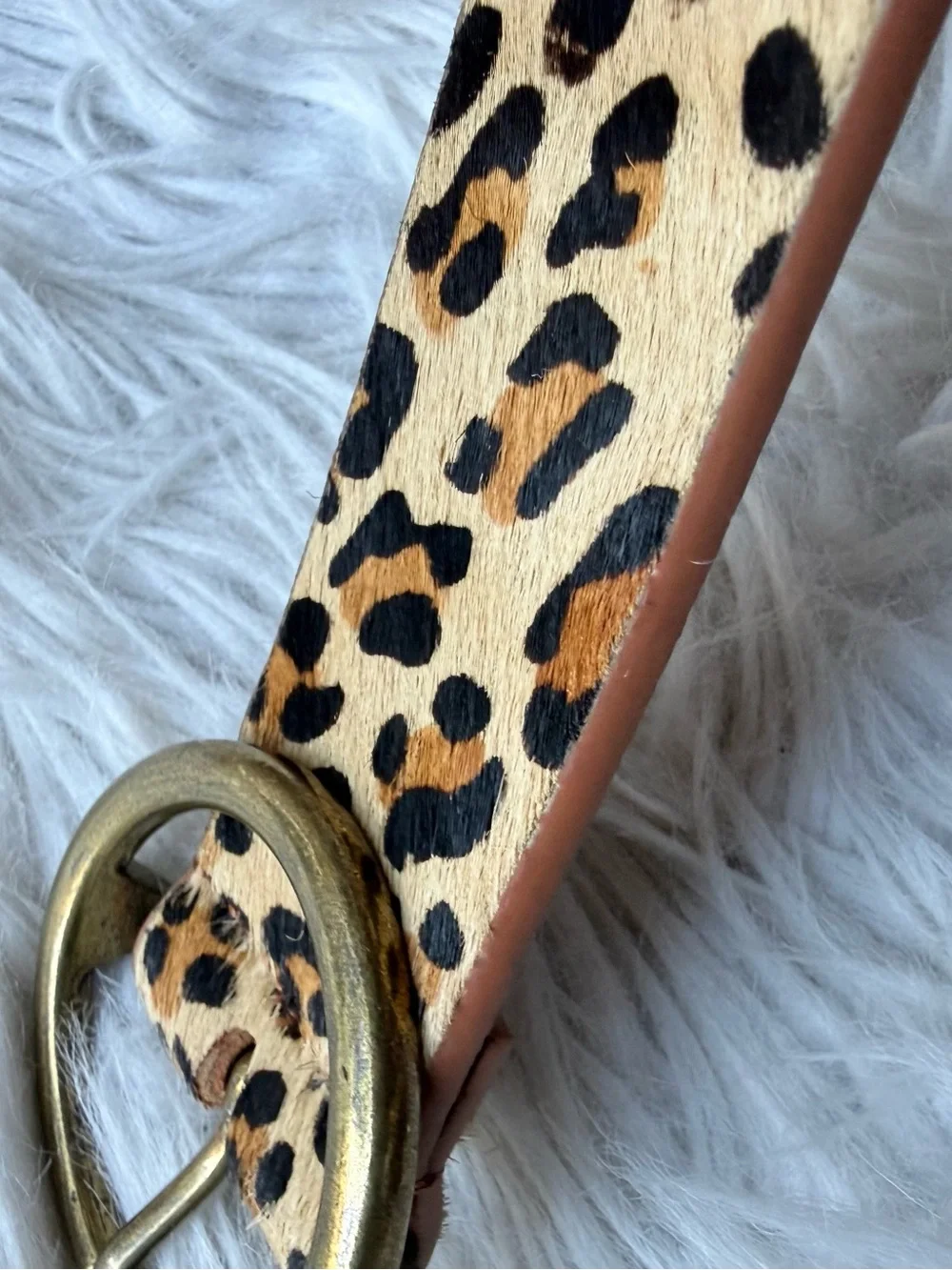Genuine Leather Leopard Print Hair On Hide Belt Round Brass Buckle Size Medium